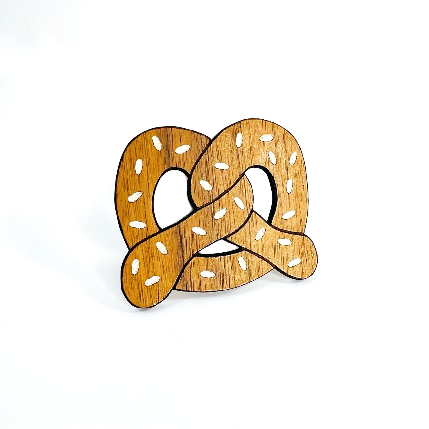 salty soft pretzel - wooden brooch