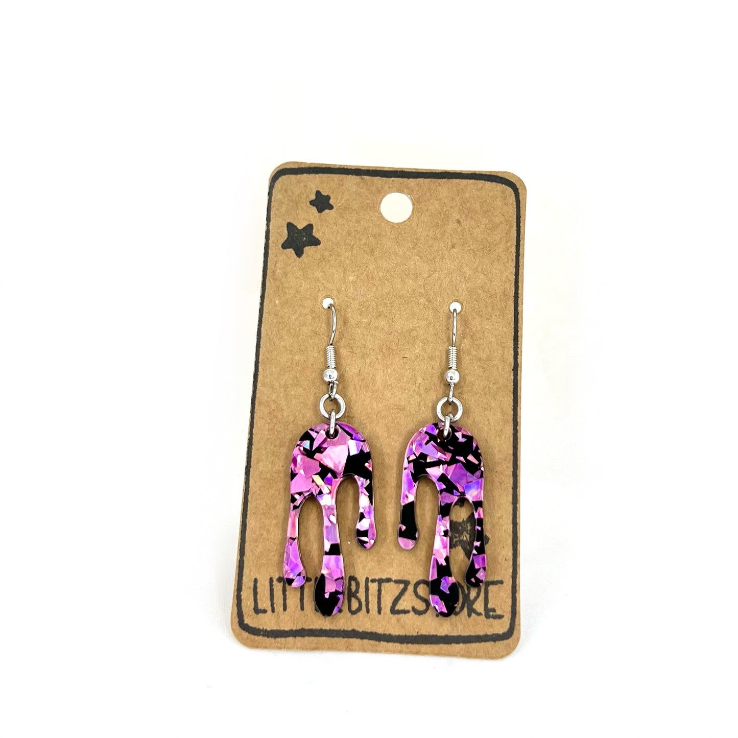 “drippy” acrylic earrings - purple glitz - surgical steel