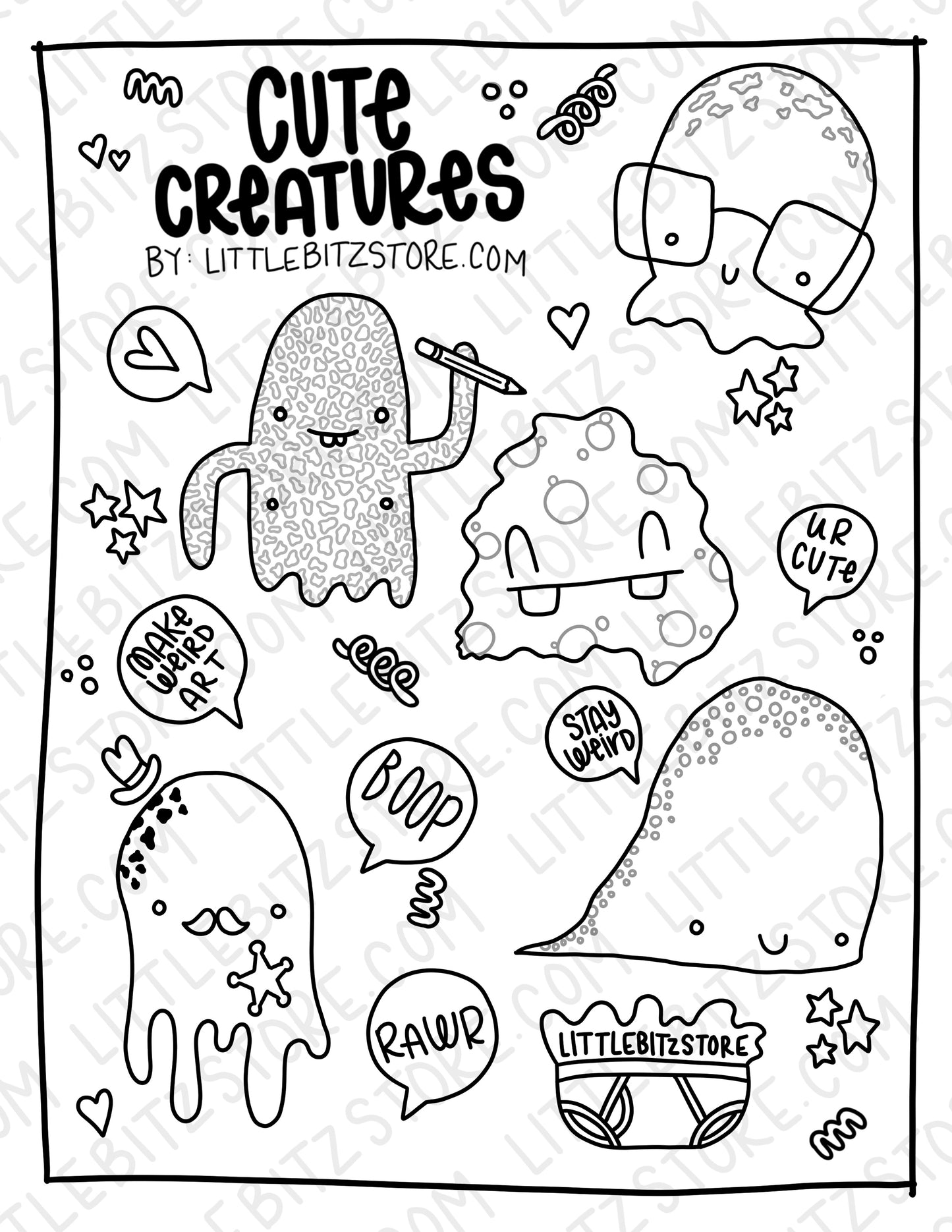cute creatures coloring page - *DIGITAL DOWNLOAD*