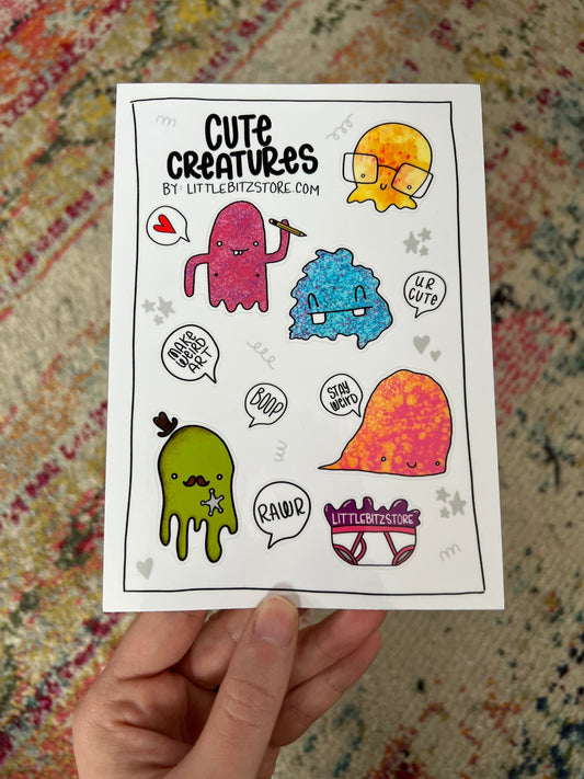 Cute Creatures Sticker Sheet - Waterproof Vinyl Stickers