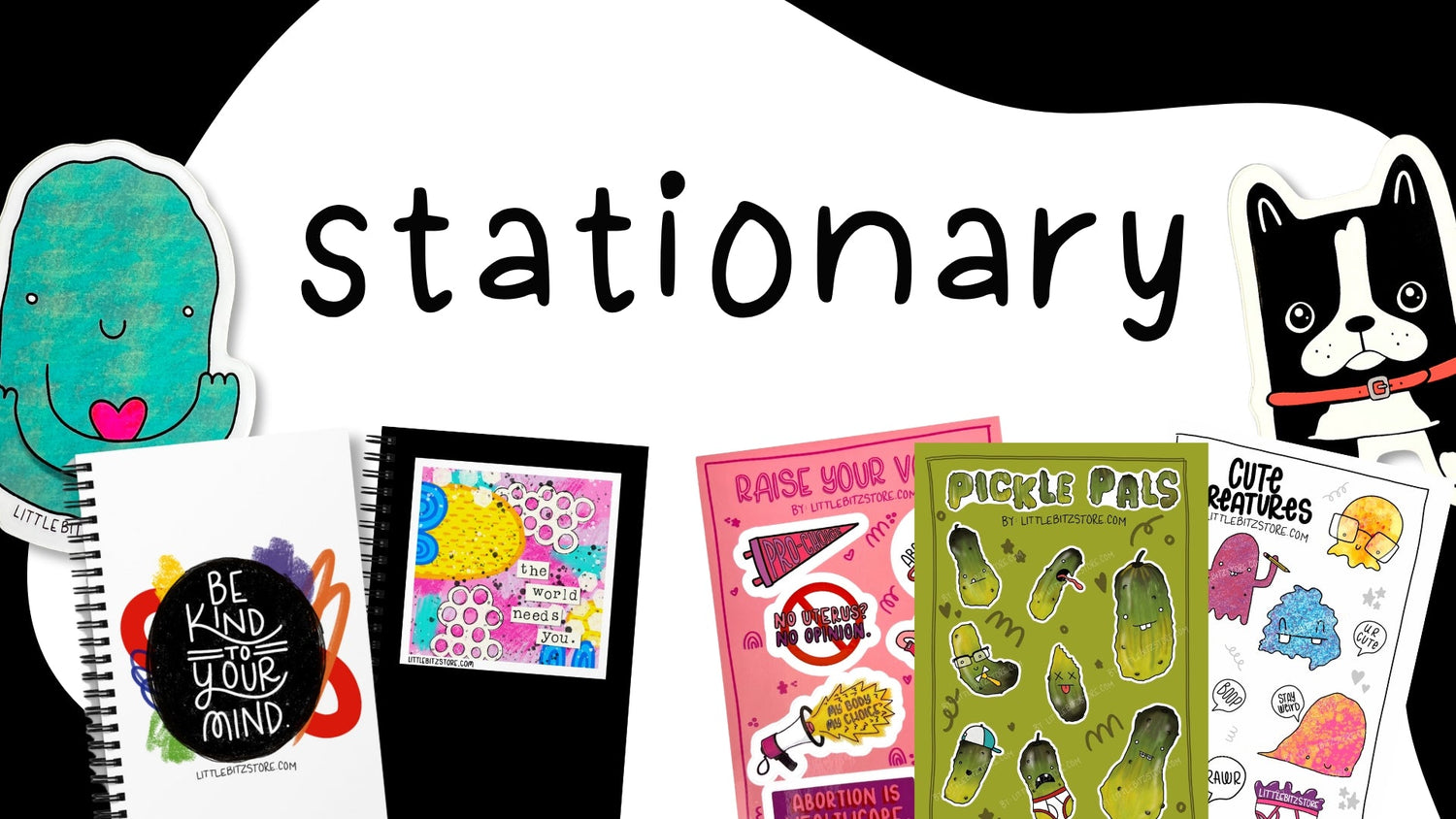 Flat lay of white notebook with illustrated cover. Illustration of heart with words bad art