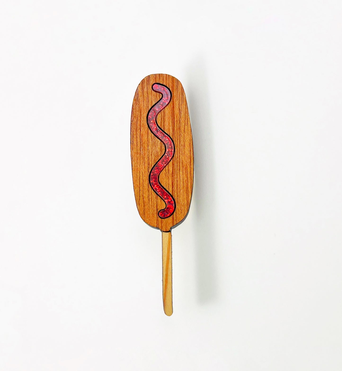 corn dog - wood and acrylic brooch