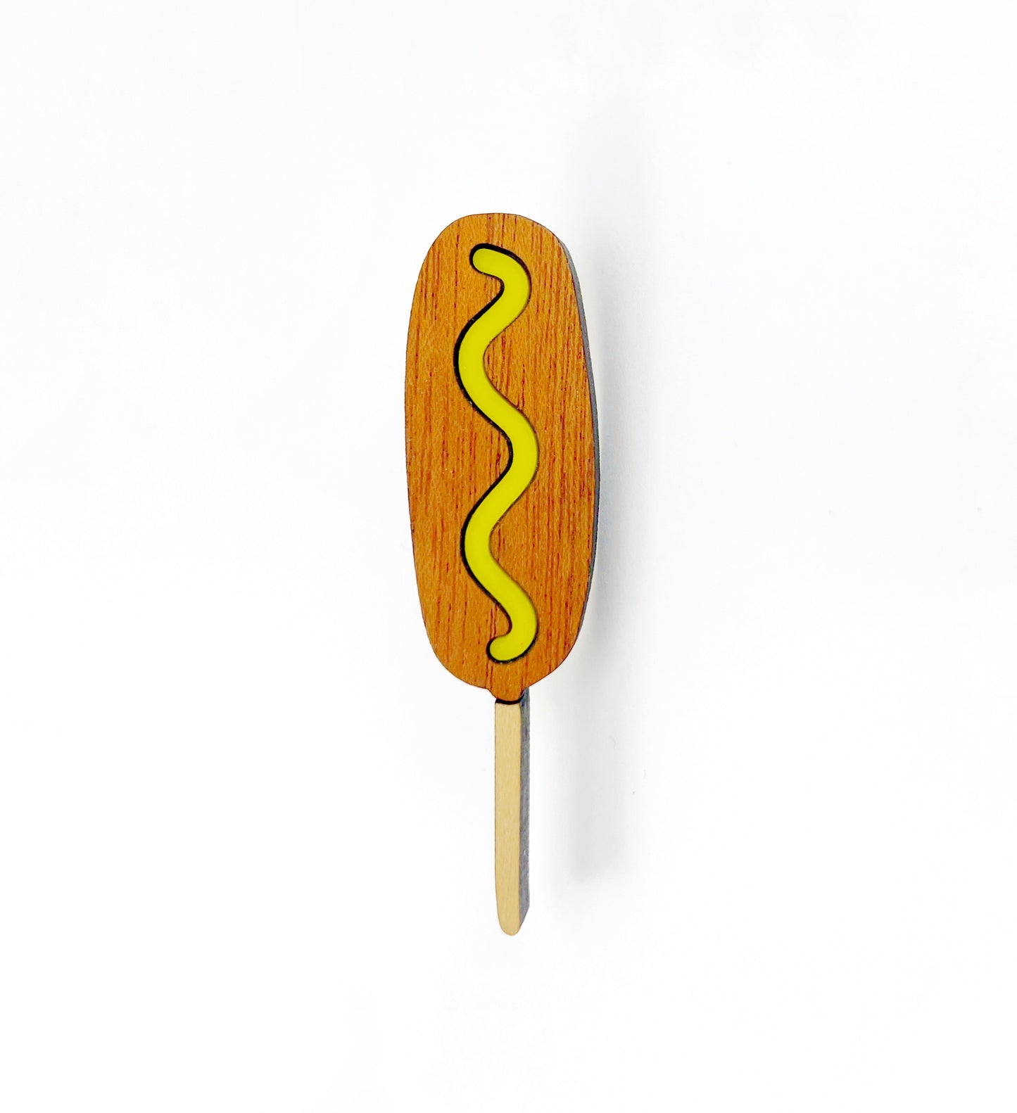 corn dog - wood and acrylic brooch