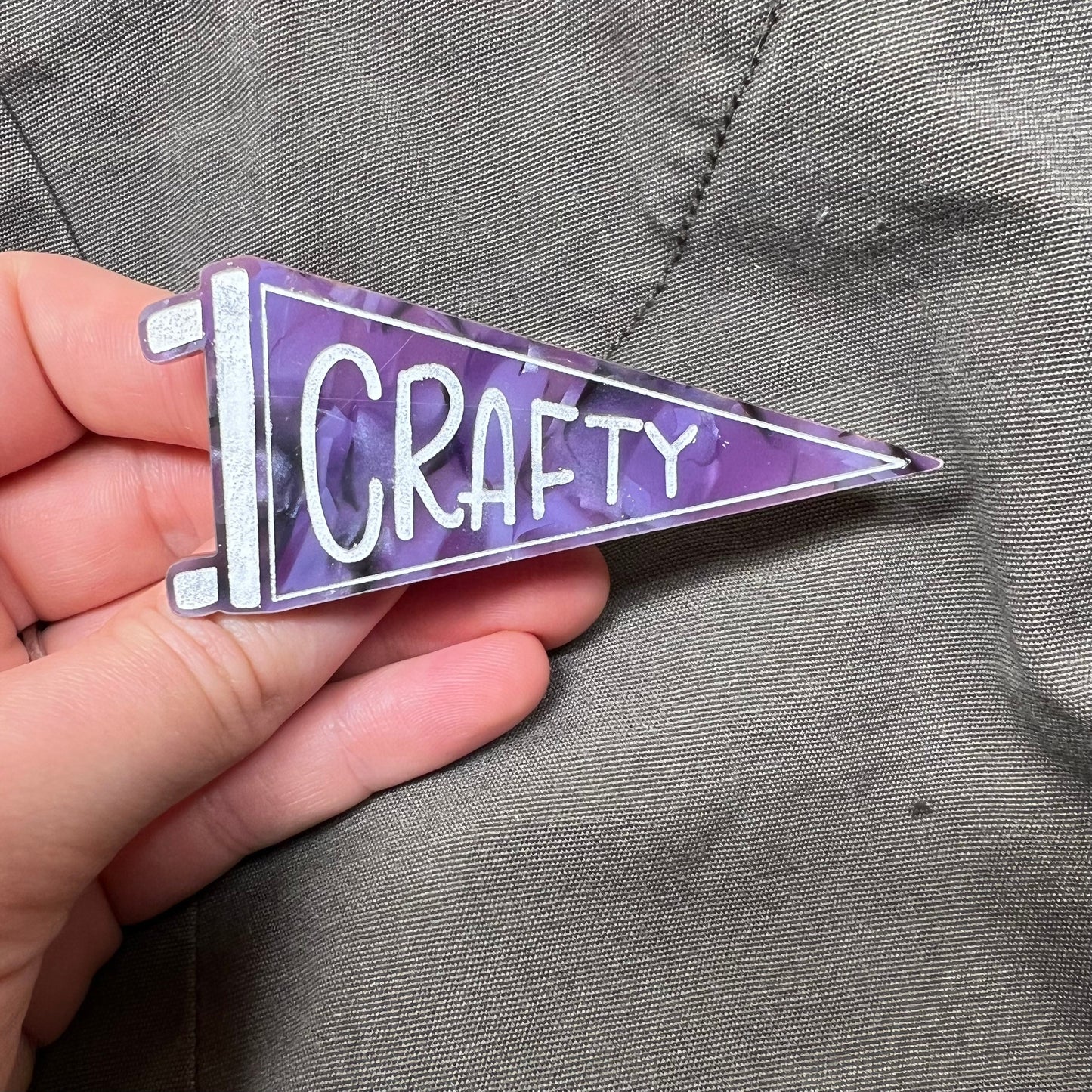 Crafty Badge - Laser Cut Brooch - Artist accessory - pin back - Gift for crafter - pennant